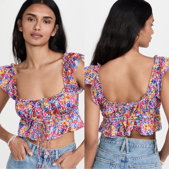 NWOT For Love & Lemons Sasha Floral Ruffle Satin Crop Top - Picture 6 of 12